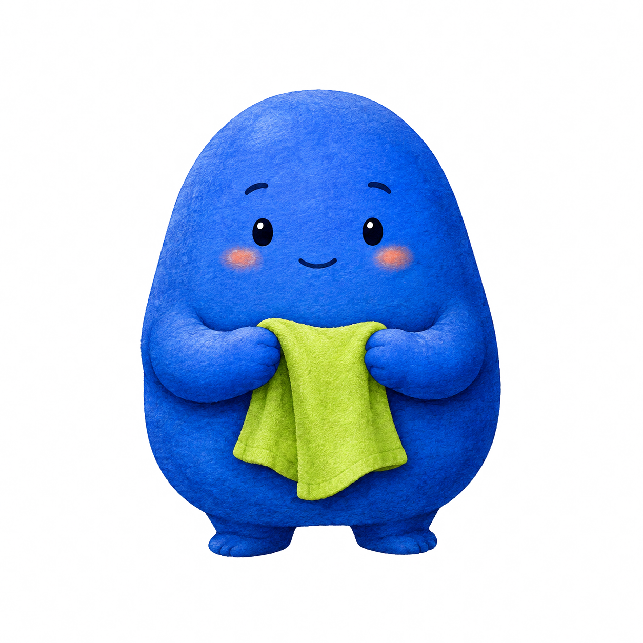 Tiny Reset’s blue companion holding a green cleaning cloth